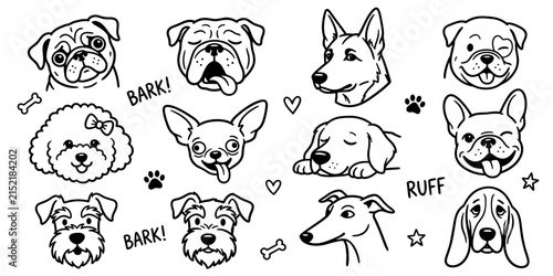 Cute Cartoon Dog and Puppy Head Icon Set with Funny Pet Animal Faces Vector Illustration Collection for Kids, Pet Design and Creative Zoo Animal Artwork