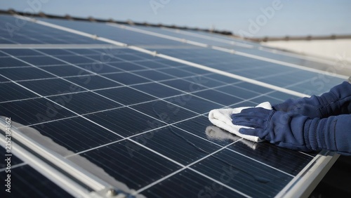 Professional worker cleaning solar panels on a residential rooftop to ensure optimal energy