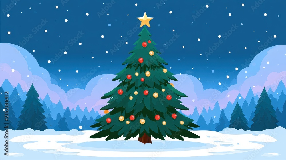 Obraz premium Christmas tree flat design front view winter holiday cartoon drawing vivid. 