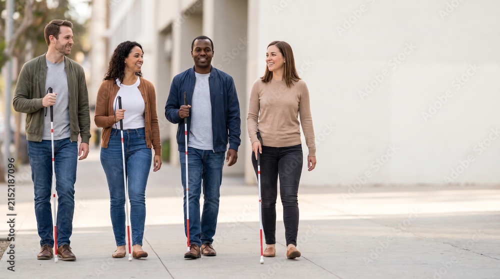 Fototapeta premium Group of blind people with white canes, international white cane day
