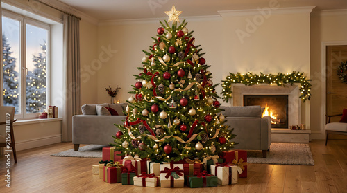 Luxurious Christmas tree with red and gold ornaments beside a roaring fireplace