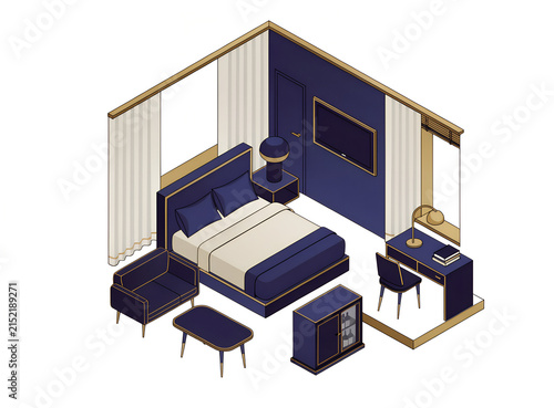 Isometric 3D Illustration of a Luxury Hotel Suite with Bed, Seating Area and Work Desk — Elegant Navy and Gold Vector Illustration