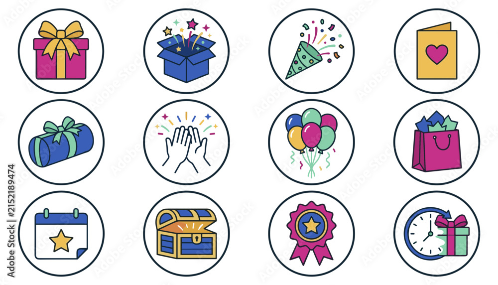 Fototapeta premium Gift and Celebration Icon Set with Presents, Surprise Box, Party Hat, Greeting Card, Balloons, Gift Bag, Calendar, Treasure Chest, Award, and Clock