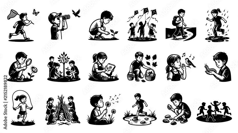 Fototapeta premium Black and White Vector Illustrations of Children Exploring Nature, Outdoor Play, Learning, and Environmental Activities