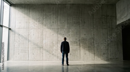 Solitary Figure in Minimalist Space with Concrete Walls and Natural Light