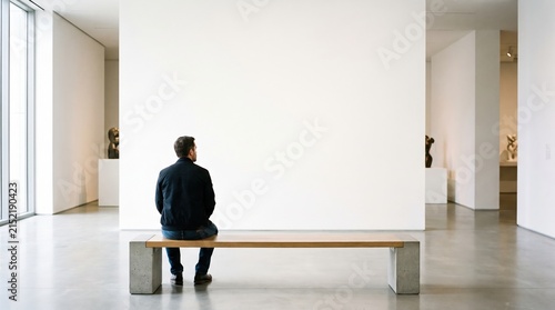 Man Sitting on Bench in Art Gallery Contemplating Blank Wall Space