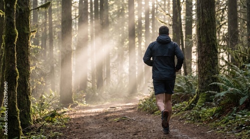 Man Jogging on Path Through Lush Forest with Sunlight Breaking Through Trees