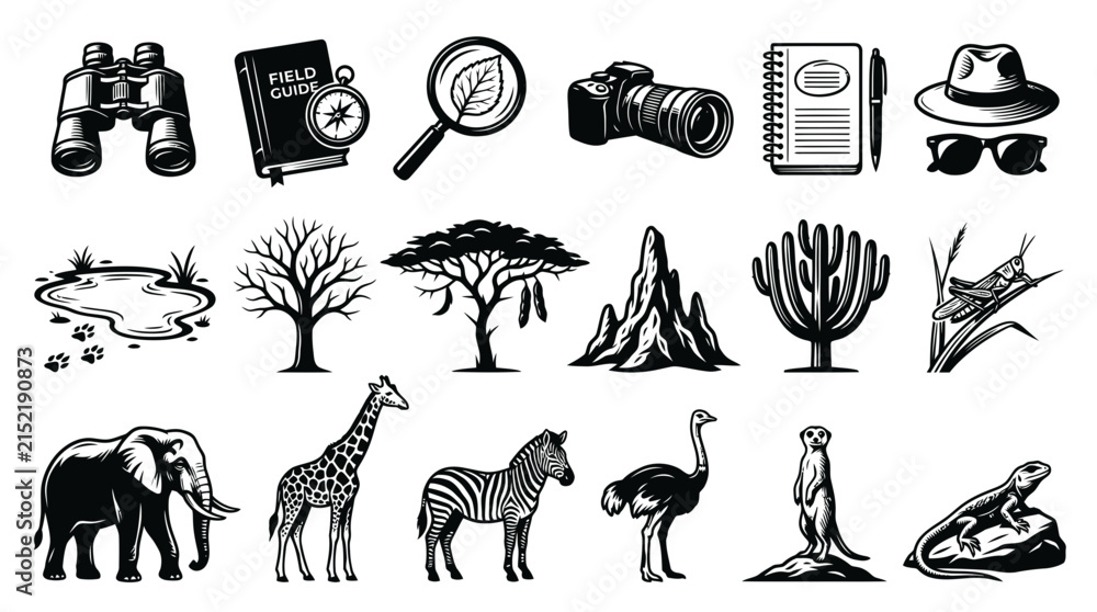Obraz premium Black and White Vector Icons for Safari Wildlife, Nature Exploration, and Adventure Gear Illustrations Set