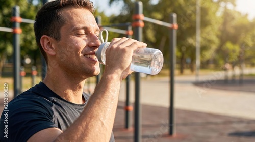 Man Enjoying Refreshing Water After Exercise at Outdoor Fitness Park