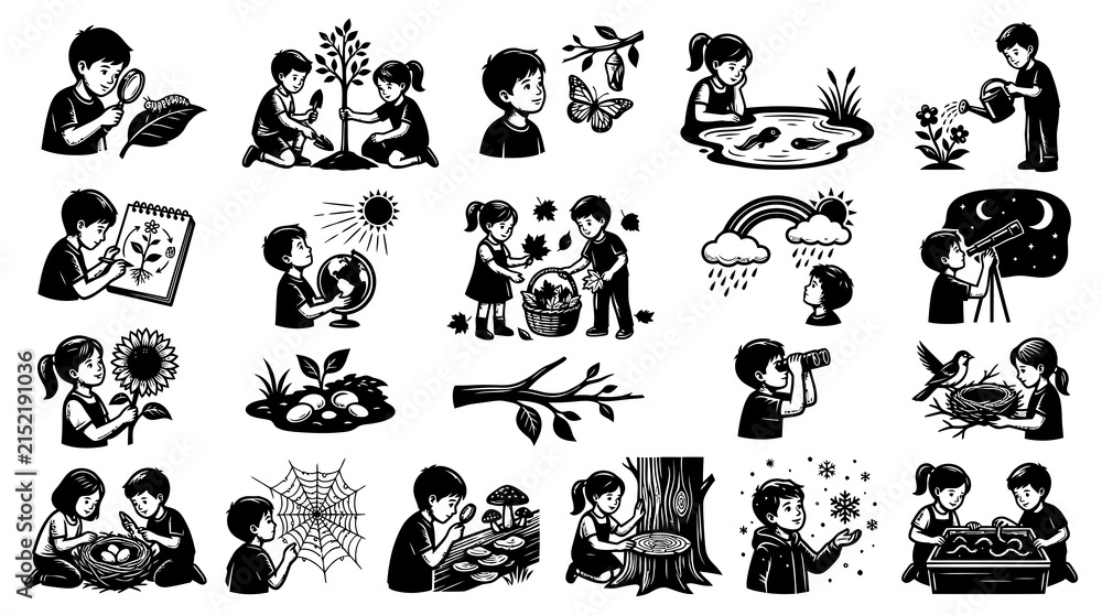 Obraz premium Educational Nature Exploration Black and White Line Art Vector Set with Kids Discovering Science and Environment