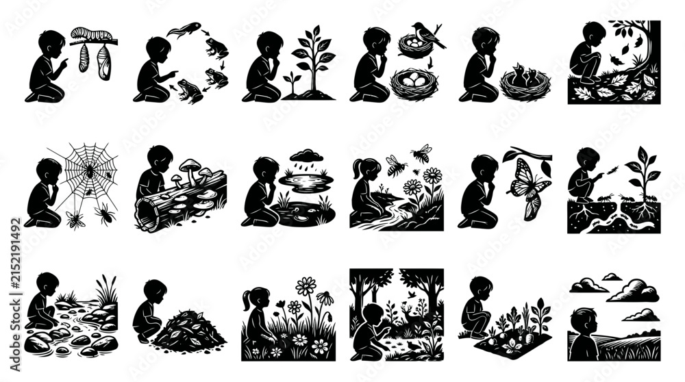 Fototapeta premium Black and White Line Art Children Observing Nature: Insects, Plants, Animals