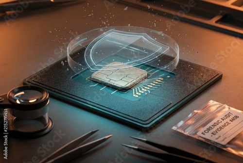 Transparent holographic chip interface rises above circuit board with lens and forensic evidence tag on warm lab desk, concept of digital investigation