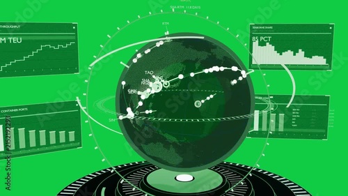 On start holo globe rising HUD appearing charts updating showing shipping rise on transparent field