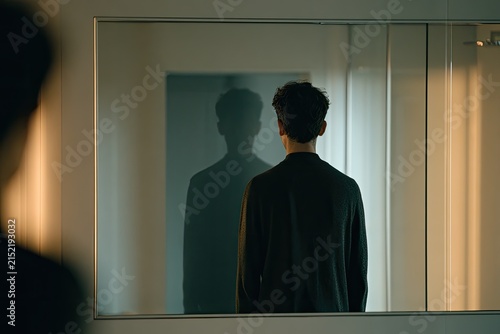 Conceptual scene of a person facing a mirror with an empty human-shaped reflection, symbolizing AI identity loss, deepfakes and uncertainty about the self.