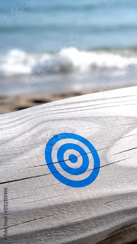 Blue target symbol on weathered driftwood by the sea.