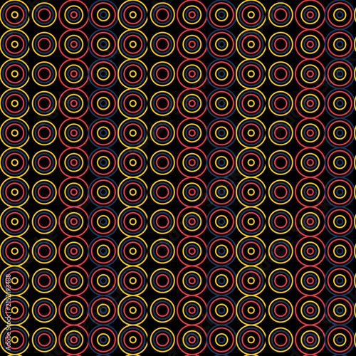 Seamless geometric pattern with colorful concentric circles aligned in rows over black minimalist background theme.