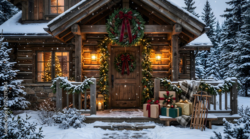 Cozy rustic wooden log cabin porch decorated for Christmas with festive wreath glowing lights and holiday gift boxes in snowy winter forest scenery