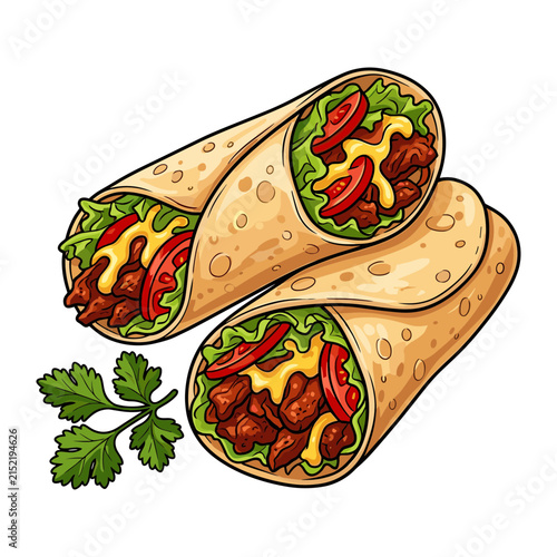 Colorful Burrito Food Illustration with Meat Lettuce Tomato Cheese Sauce and Parsley