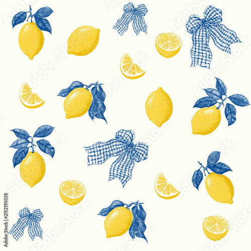 Mediterranean style seamless vector pattern with lemons and ribbons