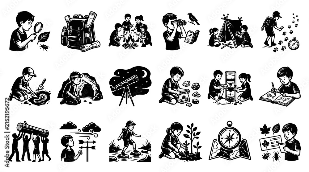 Fototapeta premium Monochrome Kids Outdoor Adventure Science Learning Vector Illustrations Set