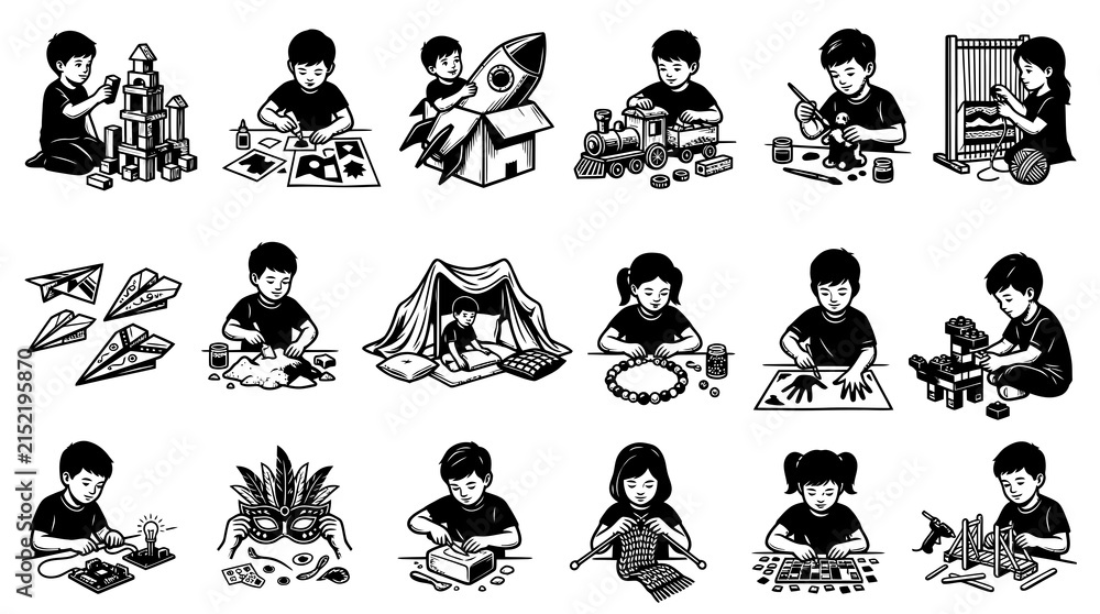 Fototapeta premium Children's Creative Play Learning Activities: Black White Line Art Illustrations