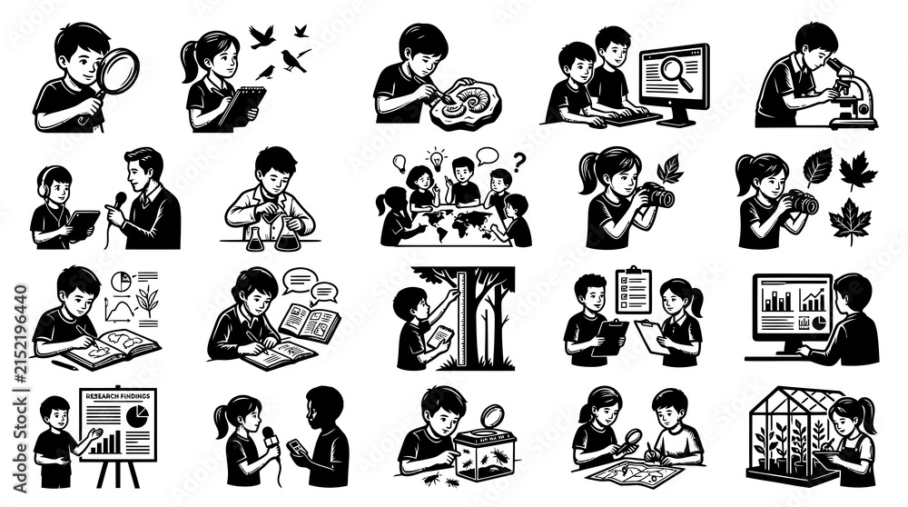 Fototapeta premium Children Learning Science: Magnifying Glass, Microscope, Botany, Computer