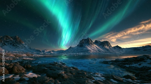 Green Aurora Borealis Starry Sky Snow Mountain Arctic Bay Ice Panorama