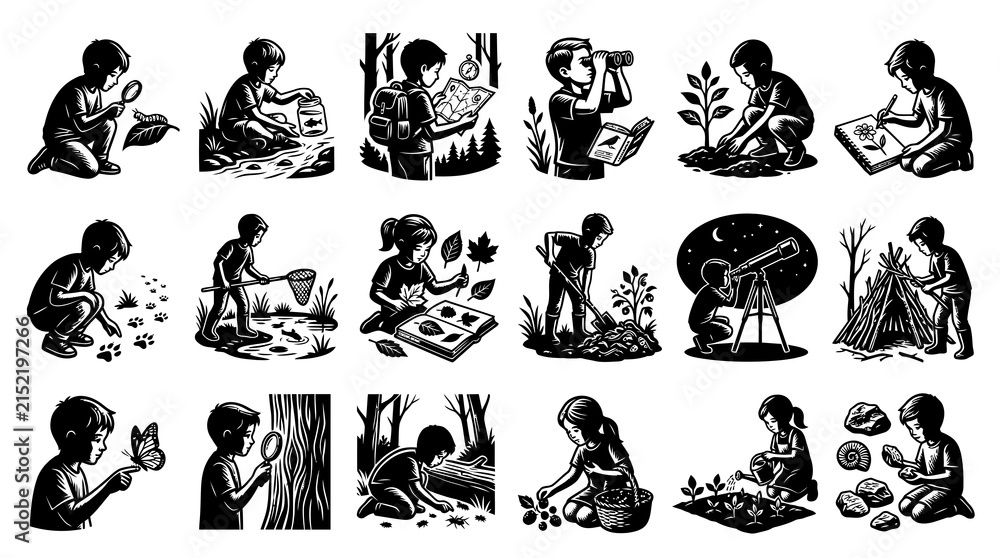 Obraz premium Black White Line Art Kids Exploring Nature: Magnifying Glass, Butterfly, Camping, Gardening
