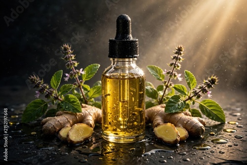 Aromatic Essential Oil Bottle with Ginger and Herbs.