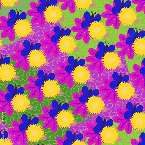 Colorful seamless floral and butterfly pattern with bright yellow flowers, pink petals, and blue butterflies on a vibrant background.