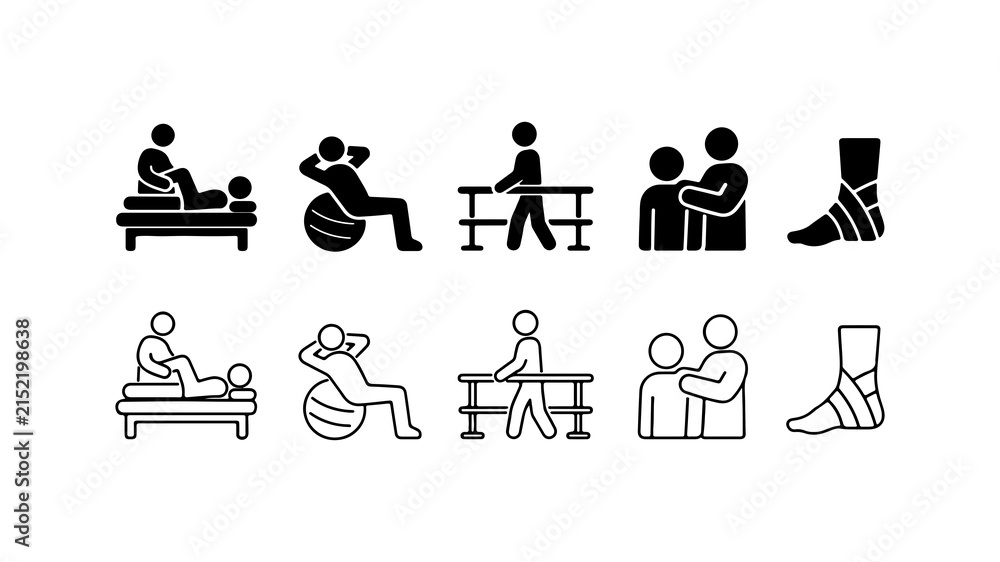 Fototapeta premium Physical Therapy Icon Set in Solid Silhouette and Linear Outline Style