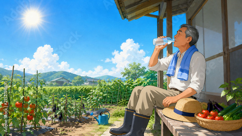 夏の家庭菜園で日陰に座り水分補給する高齢の日本人男性