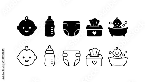 Baby Care Icon Set in Silhouette and Outline Style Vector