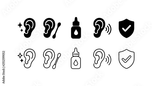 Ear Care and Hygiene Icon Set in Silhouette and Outline Vector Style