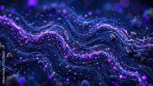 Abstract Glowing Purple and Blue Microscopic Organisms Flowing in a Wavy Pattern.
