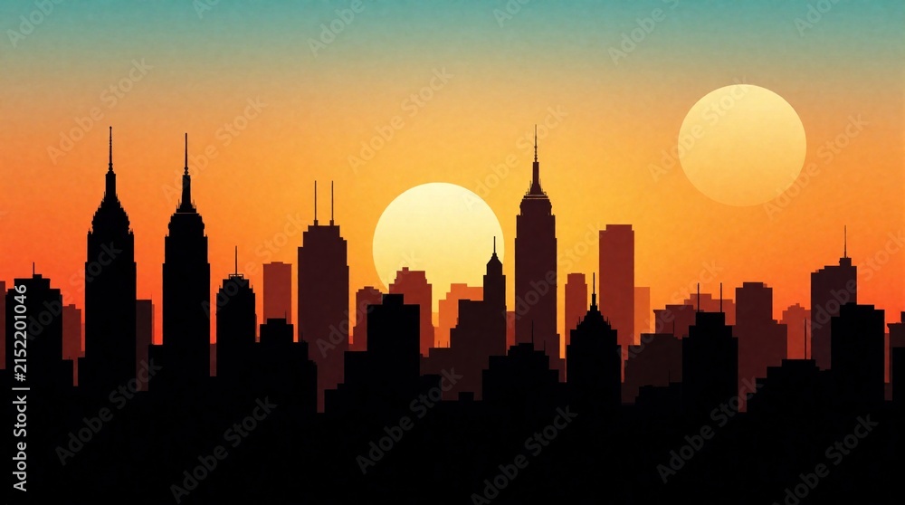 Fototapeta premium Urban city skyline silhouette at sunset. Modern skyscrapers stand against orange sky with two large suns. Abstract illustration shows metropolitan landscape during dusk. Flat graphic design
