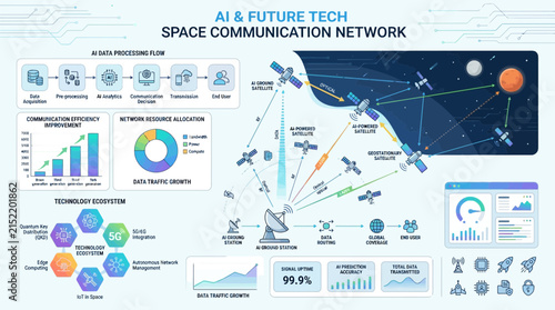 AI and future technology space communication network diagram.