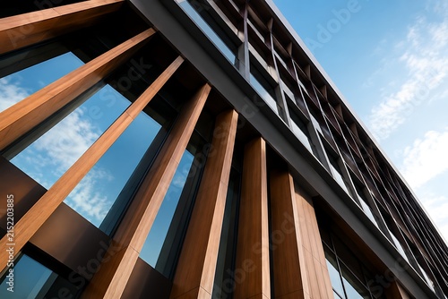 An abstract low-angle view of a modern building's facade, featuring wooden slats and glass windows reflecting the blue sky. The architectural lines create a dynamic visual pattern