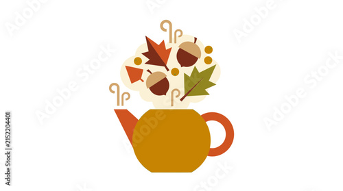 Autumn Themed Teapot with Falling Leaves and Acorns Illustration