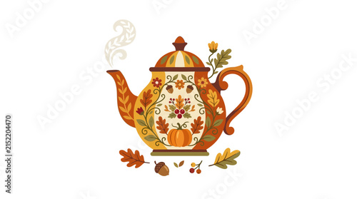 Autumn Themed Teapot Illustration with Fall Foliage