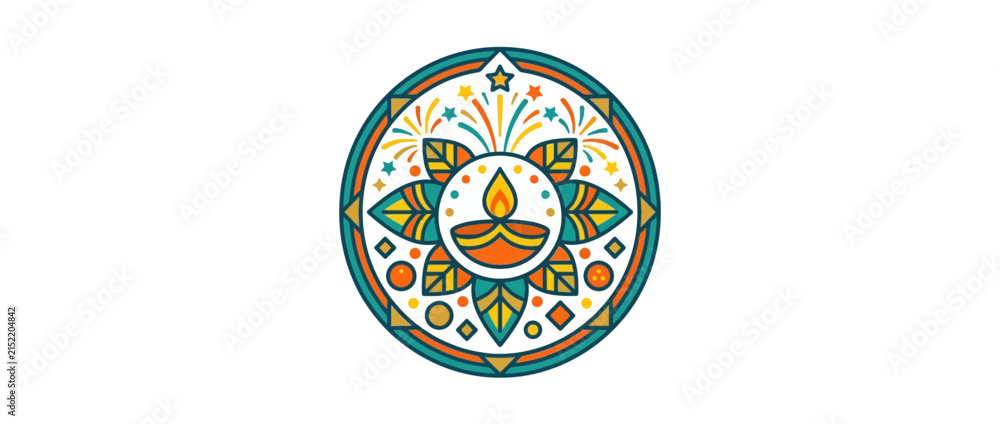 Fototapeta premium Colorful Diwali Festival Mandala Design Featuring a Traditional Diya Oil Lamp and Sparkly Fireworks