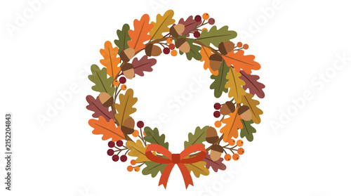 Autumn Wreath with Colorful Leaves and Acorns Illustration