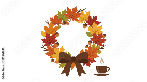 Autumn Wreath with Maple Leaves and Coffee Cup Illustration