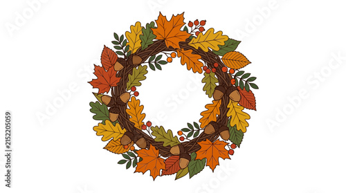 Autumn Wreath with Colorful Leaves and Acorns