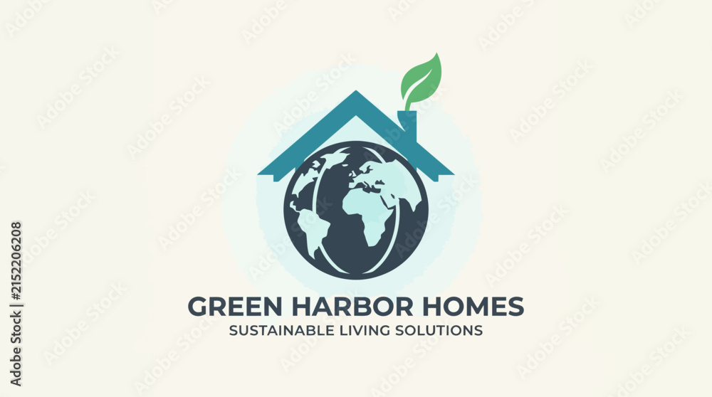 Fototapeta premium Sustainable Green Harbor Homes Logo Design Featuring Globe House and Leaf for Eco-Friendly Living