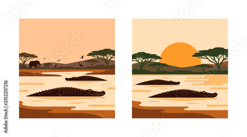 Crocodile silhouettes in water during a savanna sunset.