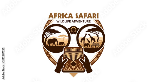 Creative African safari logo with kalimba and wildlife scene.