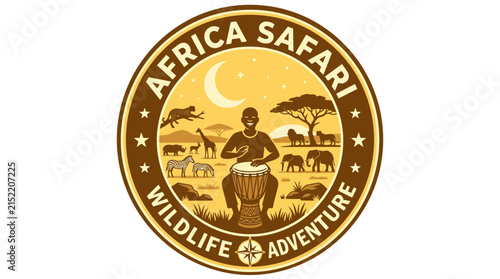 Cultural African safari emblem with drum player and wildlife.