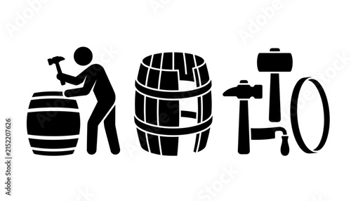 Traditional cooperage icons, cooper craftsman making wooden barrels, vintage brewery equipment and carpentry tools vector set