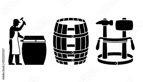 Vintage cooperage icons set, traditional barrel making silhouette, wooden cask craftsmanship vector, brewery workshop tools
